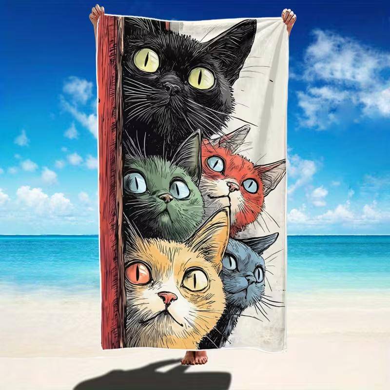Söt Tittande Katter Strandhandduk Retro Skiss Katt Tryck Snabbtorkande Sandtålig Absorberande Handduk för Strand Pool Resa Semester