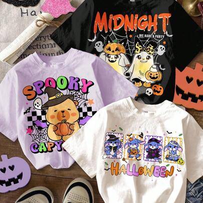 3 st avslappnade rundhals-T-shirts för tweenflickor med tecknat pumpor-, spindelväv- och djurmönster, lämpliga för Halloweenfest och utomhusbruk - Multifärgad (8Y,9Y,10Y,11Y,12Y)