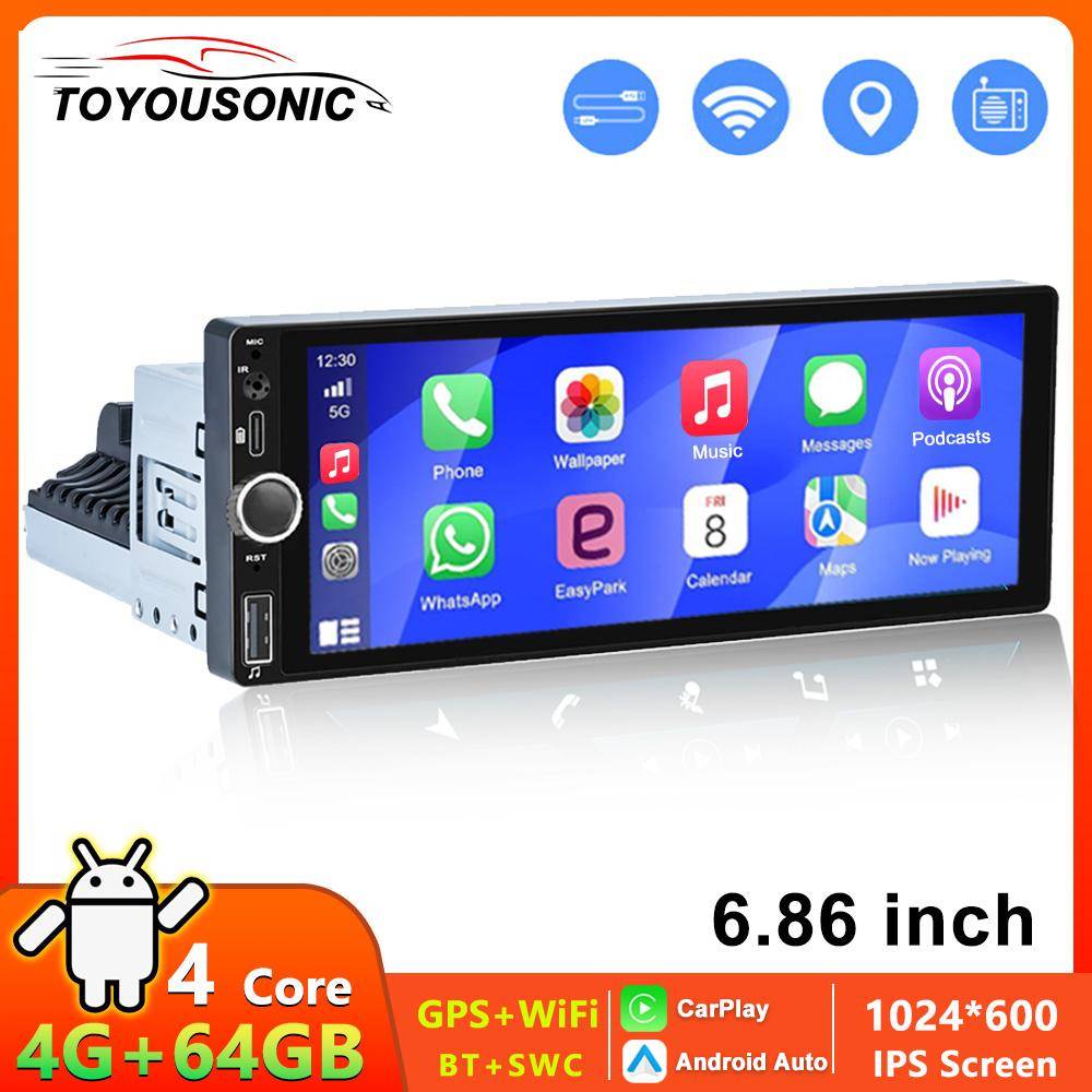 TOYOUSONIC 6,9 tums Bilstereo 64G Radio Android 13 Universell Videospelare 1Din Trådlös Carplay Auto GPS-Navigation INGEN 2din DVD black