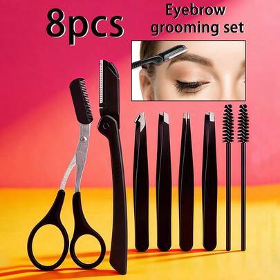 8-delars ögonbrynsverktygskit, inklusive ögonbrynssax, ögonbrynsborste, ögonbrynspincett och ögonbrynstrimmer. Viktiga makeup- och stylingverktyg för - Multifärgad