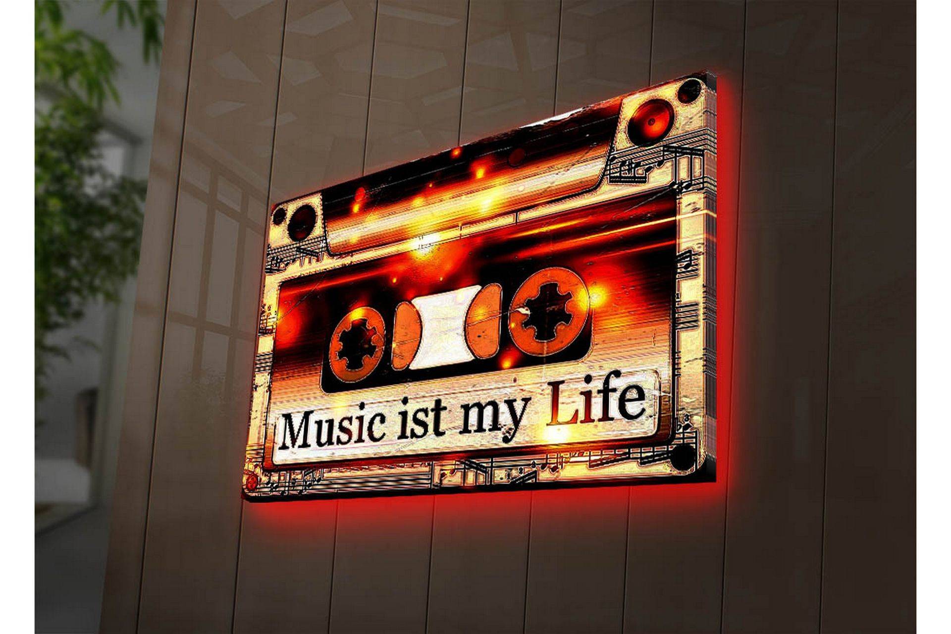 Canvastavla med LED-belysning 45x70 cm - Kassettband texten Music ist my Life Svart / Orange Vit Canvastavlor Tyg