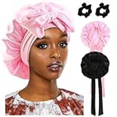 RVLZKCPG 2 stycken sidenhuvor för att sova, Silk Bonnet med 2 hårgummin, sovmössa, bonnet sovmössa, siden, bred satinhårmössa för natten för kvinnor och flickor (svart, rosa)
