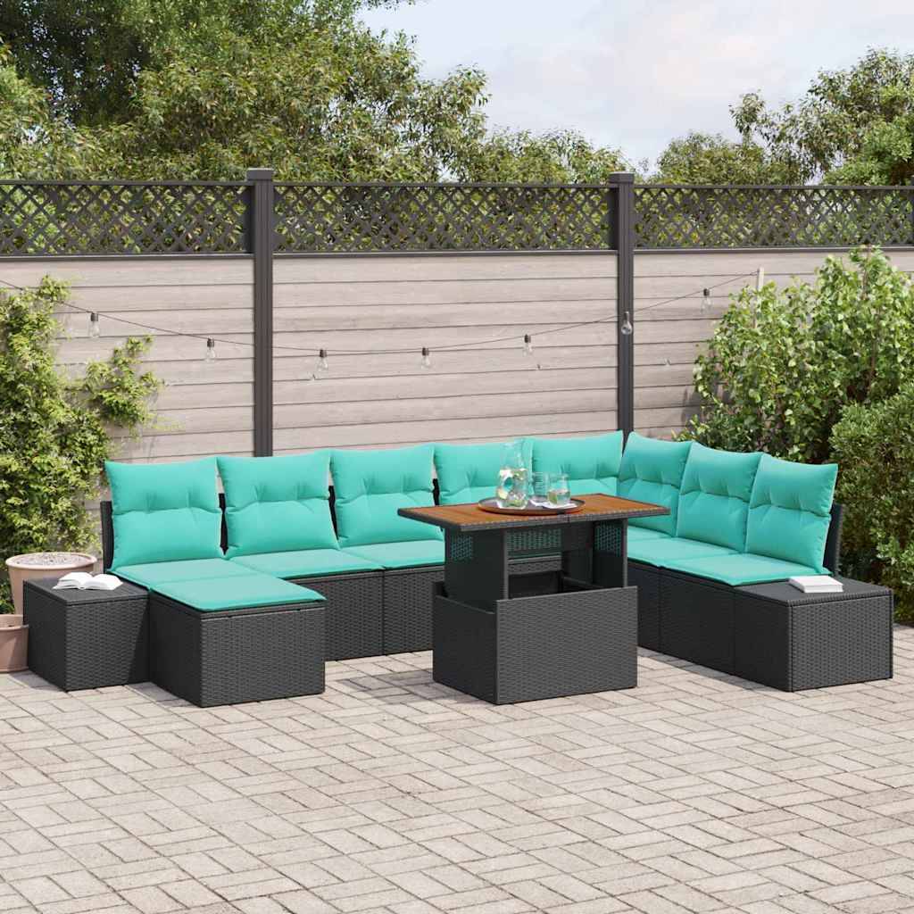 vidaXL Trädgårdsoffset 9 st Svart Poly rattan