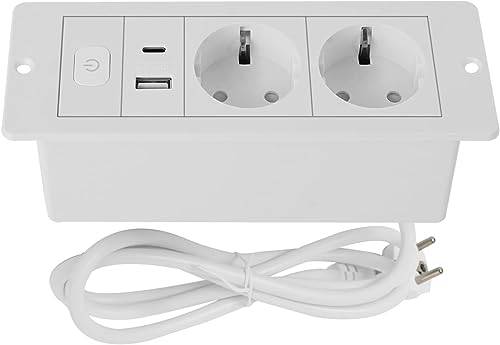 Btstil Bordsskiva försänkt uttag, 2-vägs bordsuttag med USB och typ-C, 1,8 m kabel, grenuttag, infälld bänkskiva för kontor, kök, bänkskiva (2 AC-vit)