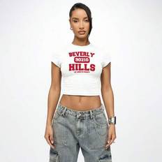 Beverly Hills 90210 Retro Varsity Crop Baby T-shirt Y2K Estetisk Los Angeles Grafiskt Tryck Kortärmad Streetwear Sommarfestival T-shirt - Vitt - L,M,S,XL,XS,XXL,XXS,XXXL,XXXXL