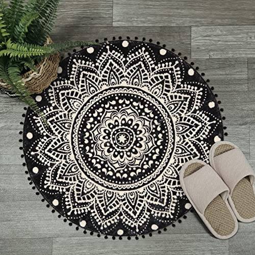 KIMODE Boho rund matta 90 cm, svart mandala mjuk badrumsmatta med pompom-lugg, halkfri matta fluffig för entré vardagsrum sovrum barnrum