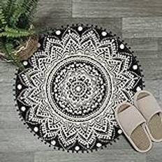 KIMODE Boho rund matta 90 cm, svart mandala mjuk badrumsmatta med pompom-lugg, halkfri matta fluffig för entré vardagsrum sovrum barnrum