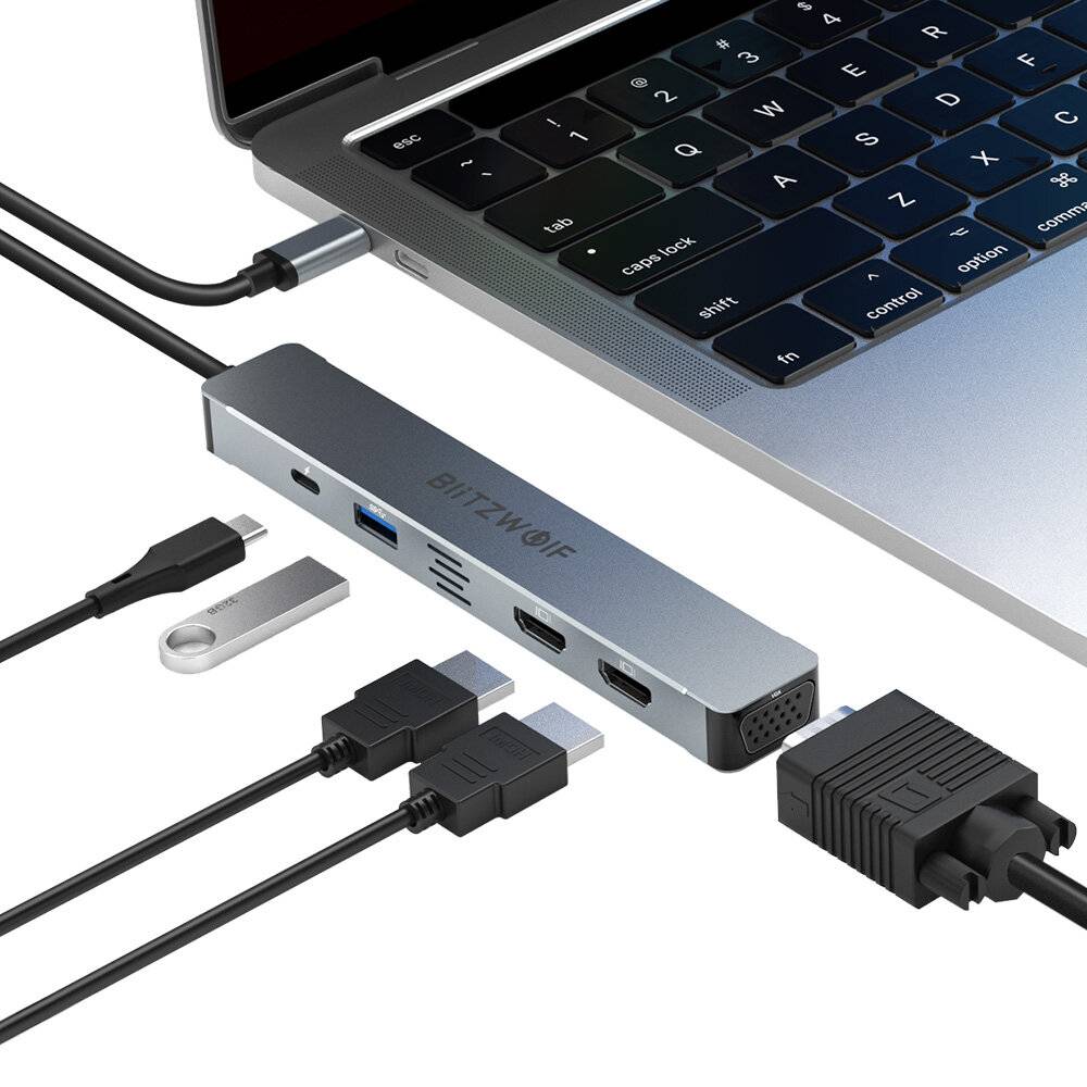 BlitzWolf® BW-NEW TH11 5 i 1 USB Hubb med dubbel HDMI 4K@30Hz / VGA / USB3.0 / 100W PD-laddning / Typ C Dockningsstation