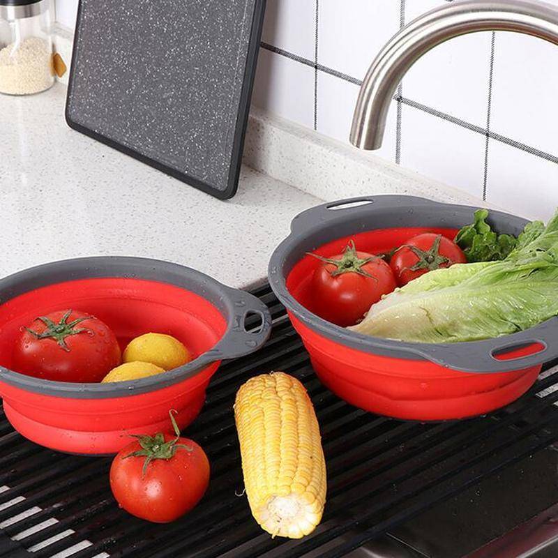 Vikbar Grönsakskorg Silikon Durkslag Kök Vikbar Tvätt Avloppskorg Plast Förvaring Frukt Rund Rengöringsbassäng S about 24x19.5cm röd