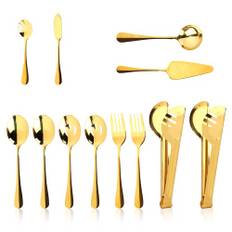 12st Set med Serveringsredskap i Guld, Rostfritt Stål Bestickset Inkludera Serveringsgafflar Hålskedar Tång Smörkniv Pajserver Soppslev för Fest Buffé Bankett Kök Hotell