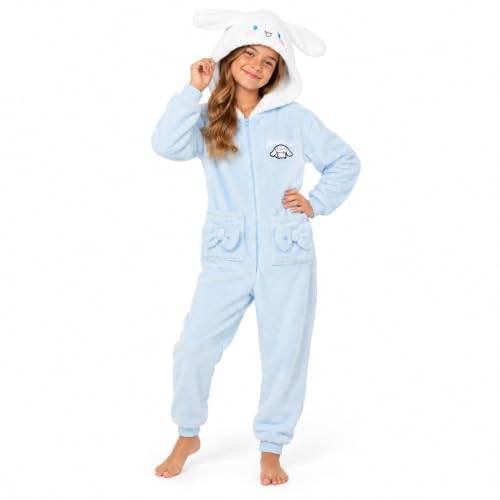 Hello Kitty Sanrio, fleeceonesie för flickor, med huva, mysig, pyjamas, Kawaii sovdräkt för barn, tonåringar, anime-gåvor för flickor, Blå Cinnamoroll, 9-10 Years