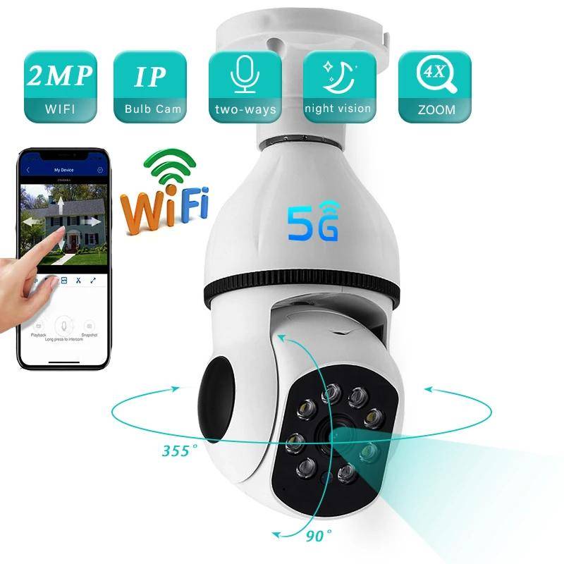 5G&2.4G WIFI-övervakning 360° Rotera Autospårning Panoramakamera Trådlös E27 PTZ-kamera CCTV IR Night Vision Rörelsedetektering Tvåvägsljud