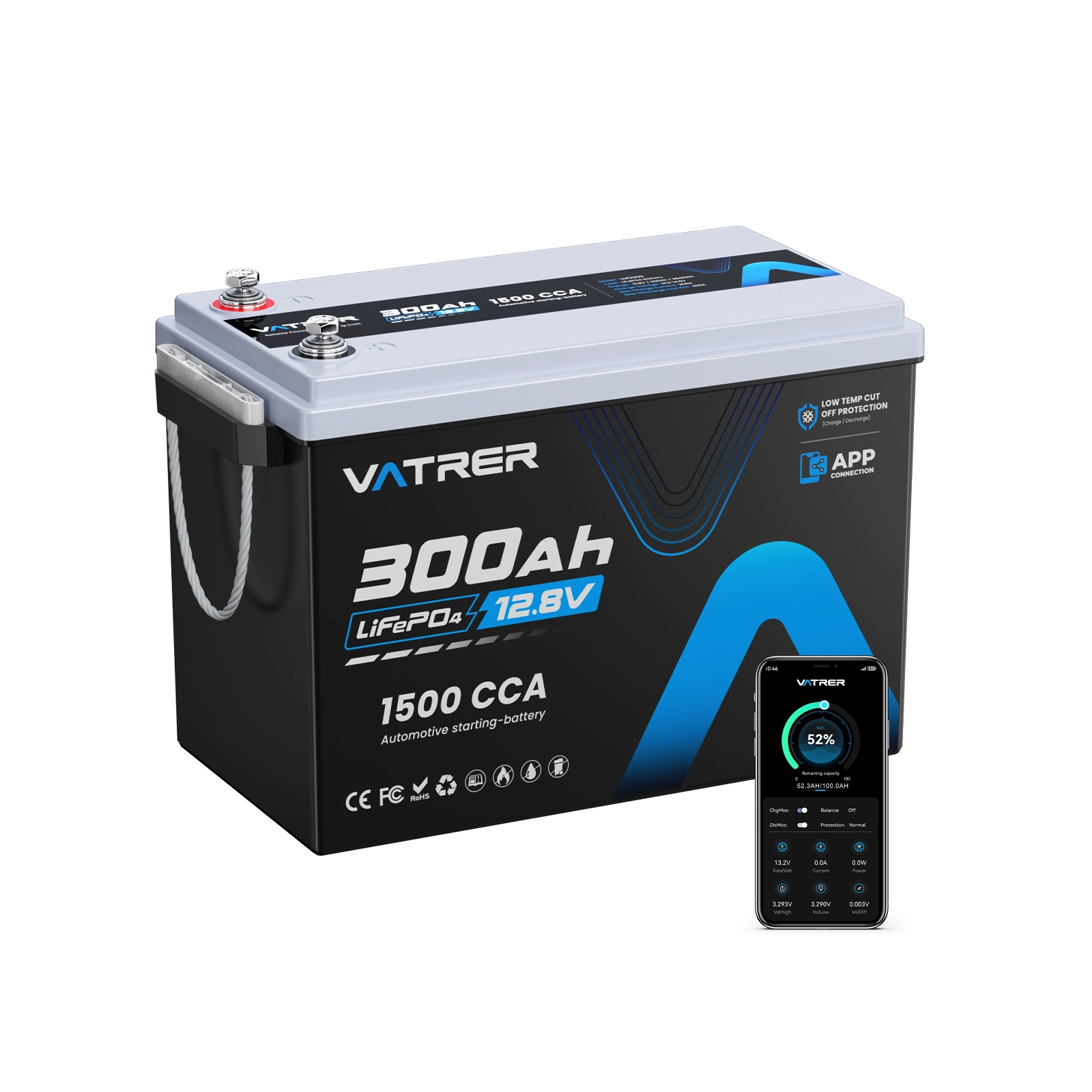 Vatrer 12V 300Ah Bluetooth Dual-Purpose Lithium Battery with 1500 CCA - 4 PACK