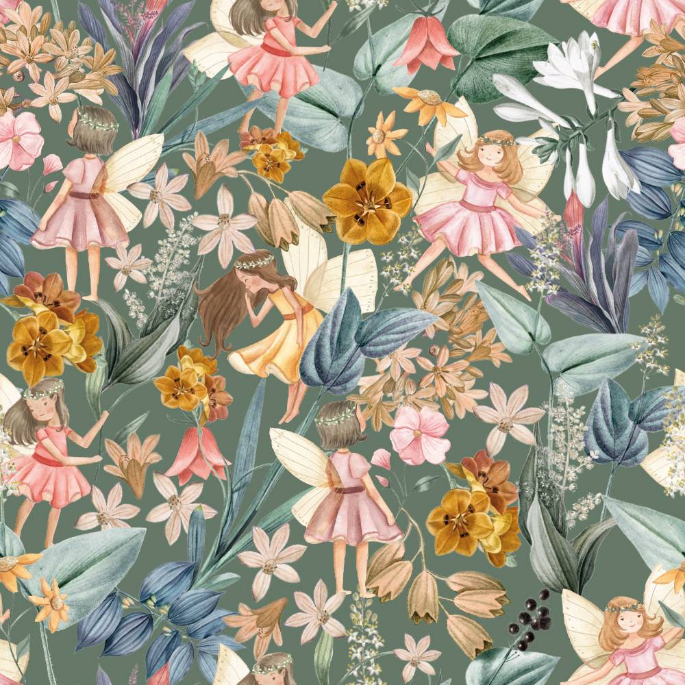 Blomsterflickor grön - Trikåtyg