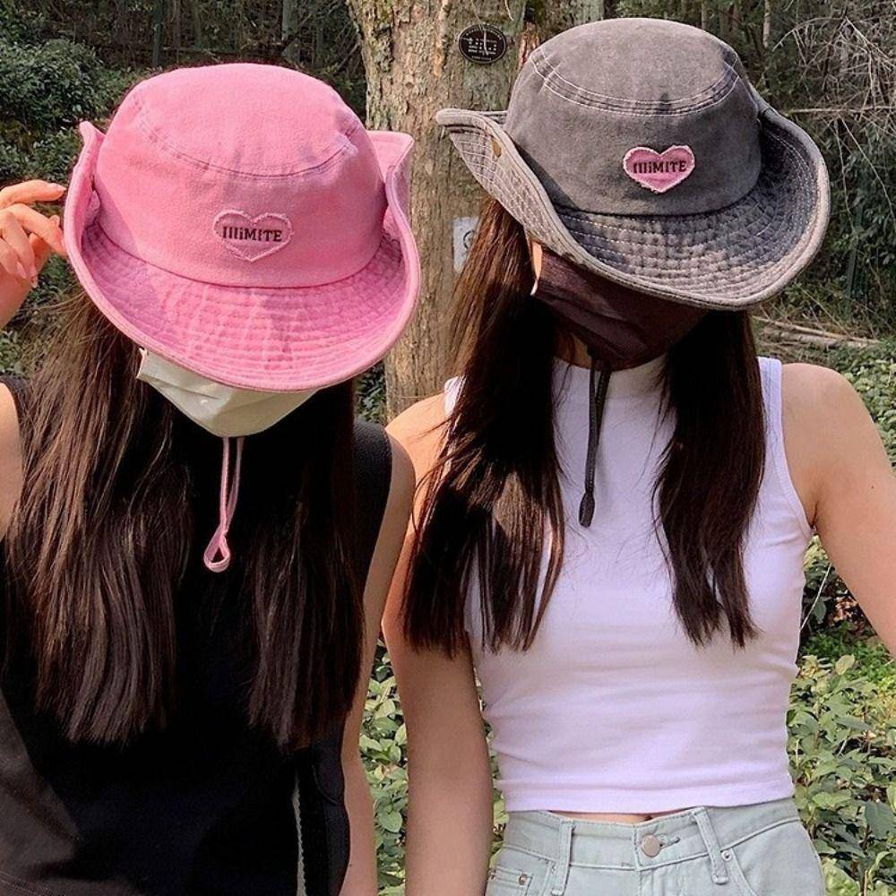 Vikbar sommarhatt för damer med dragsko, hjärtbroderi, fiskarhatt, UV-skydd, bred brätte, västern cowboyhatt rosa