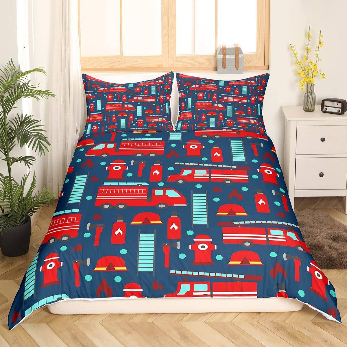 Brandbil Kung Drottning Påslakan Tecknad Polisbil Sängkläder Set för Barn Pojkar Brandman Täcke Överdrag Polyester Täcköverdrag 70x133cm 2pcs