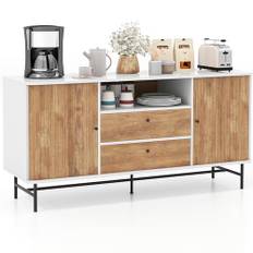 COSTWAY Skänk trä, bufféskåp med skjutdörrar och 2 lådor, buffé med metallben och tippskydd, modernt TV-skåp, för kök matsal vardagsrum, vit + natur, 150 x 45 x 74 cm