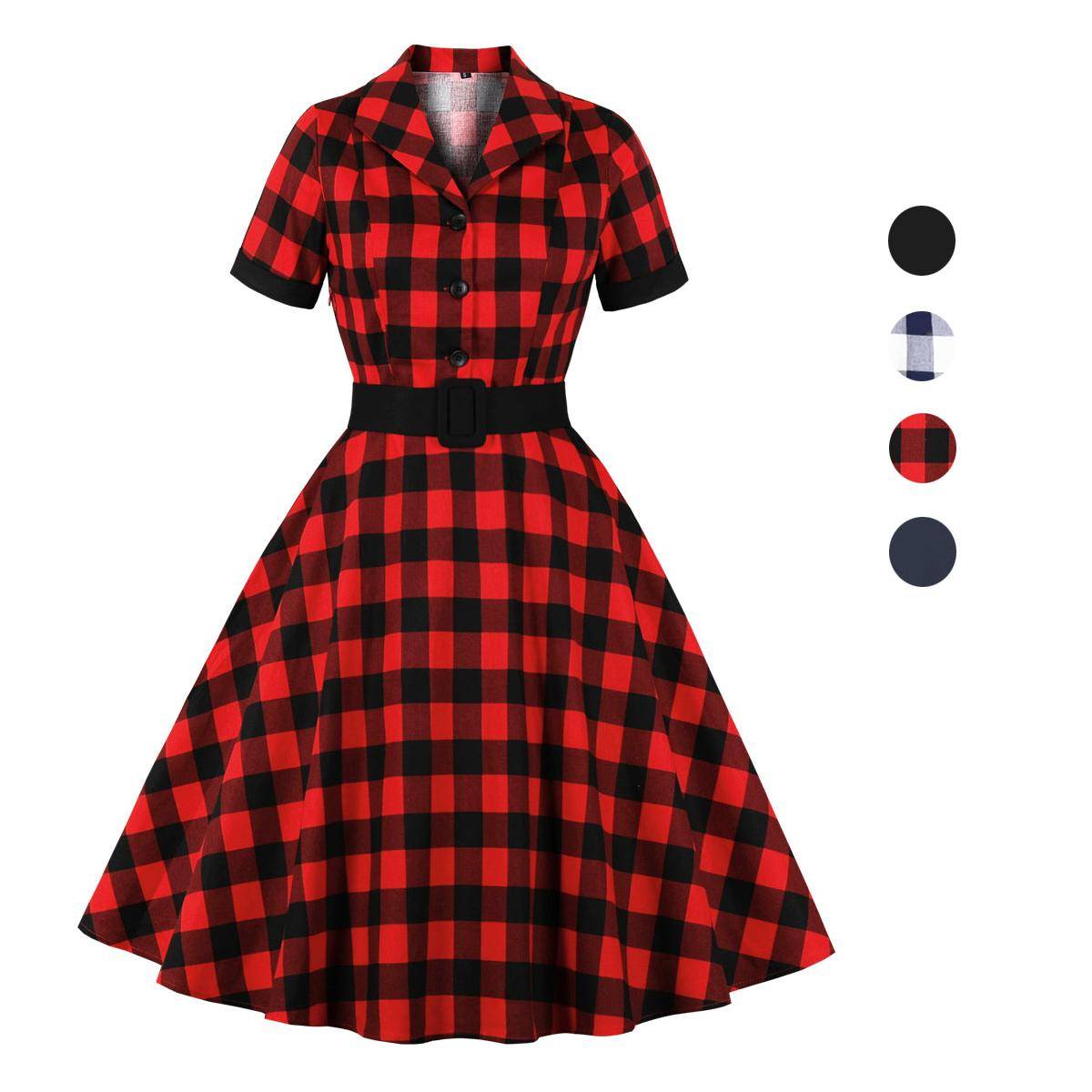 Dam 50S Retro Swing Rutig Klänning med Bälte Lapel Krage Korta ärmar Midiklänningar för Brudtärna Fest Kväll Cocktail Kändisar Tillfälle Outfit cm sva