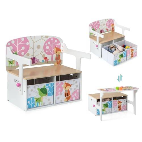 COSTWAY 3-IN-1 Barnbord med sittbänk, barnstolsgrupp med 2 avtagbara korgar, barnsittbänk med förvaringsutrymme, leksakkista med ryggstöd, sittkista och bänk för barnrum (vit)