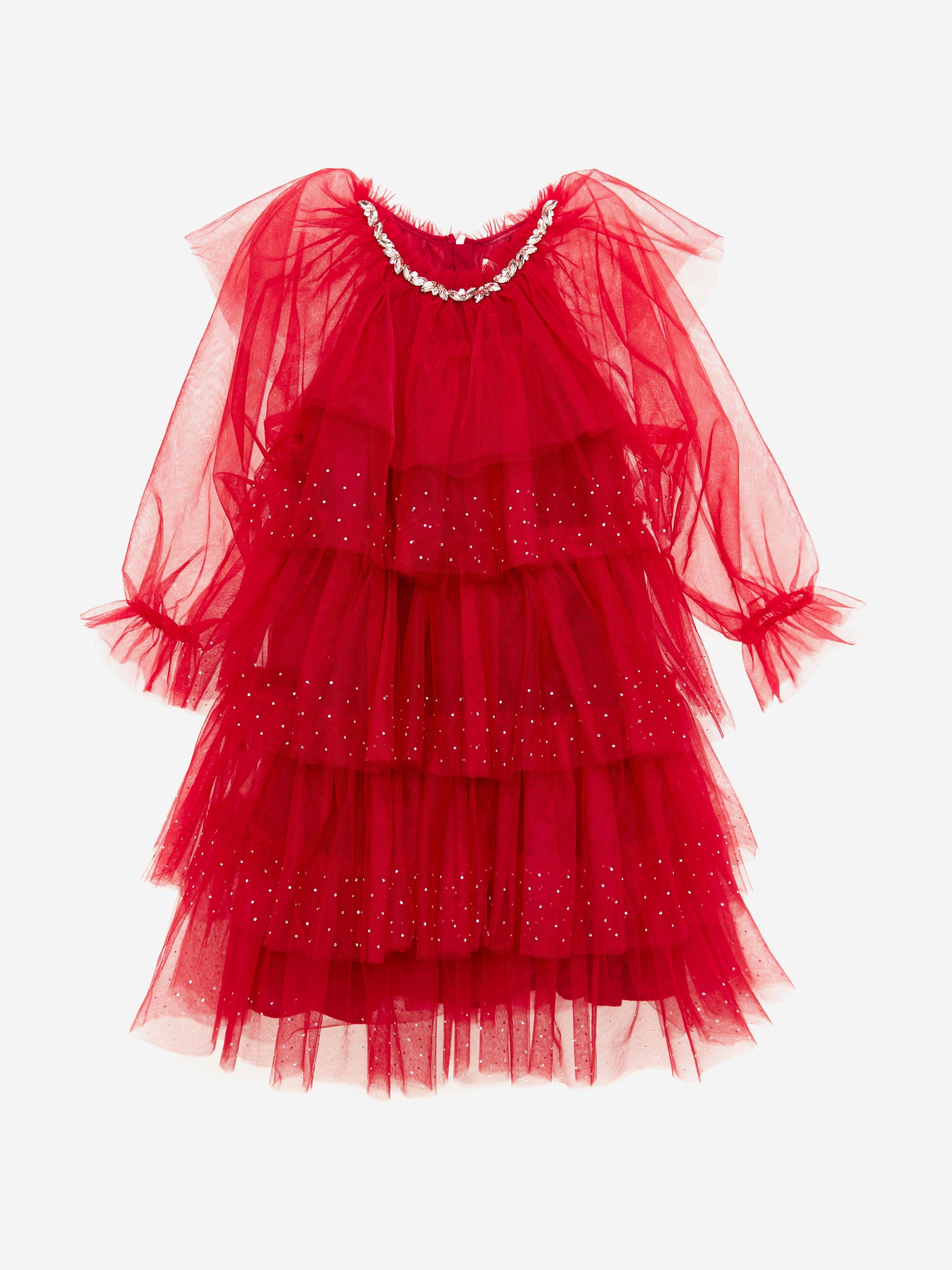 BCBGMAXAZRIA Girls Ruffle Tulle Dress in Red - Red / 4 Yrs (4 Yrs)
