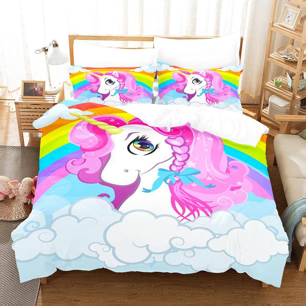 Kids Rainbow Horse Duvet Cover Cartoon Unicorn Bedding Collection For Children Baby Crib Duvet Cover Collection Pillowcase Lovely With Bed Linens 135x200cm 2pcs