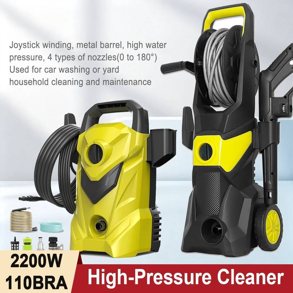 2200W 110Bar Electric High Pressure Washer 220V EU Plug Household Car Washing Machine 4 Spray Nozzles Portable High Pressure Cleaner With Foam Bottle For Car Patio Garden Cleaning