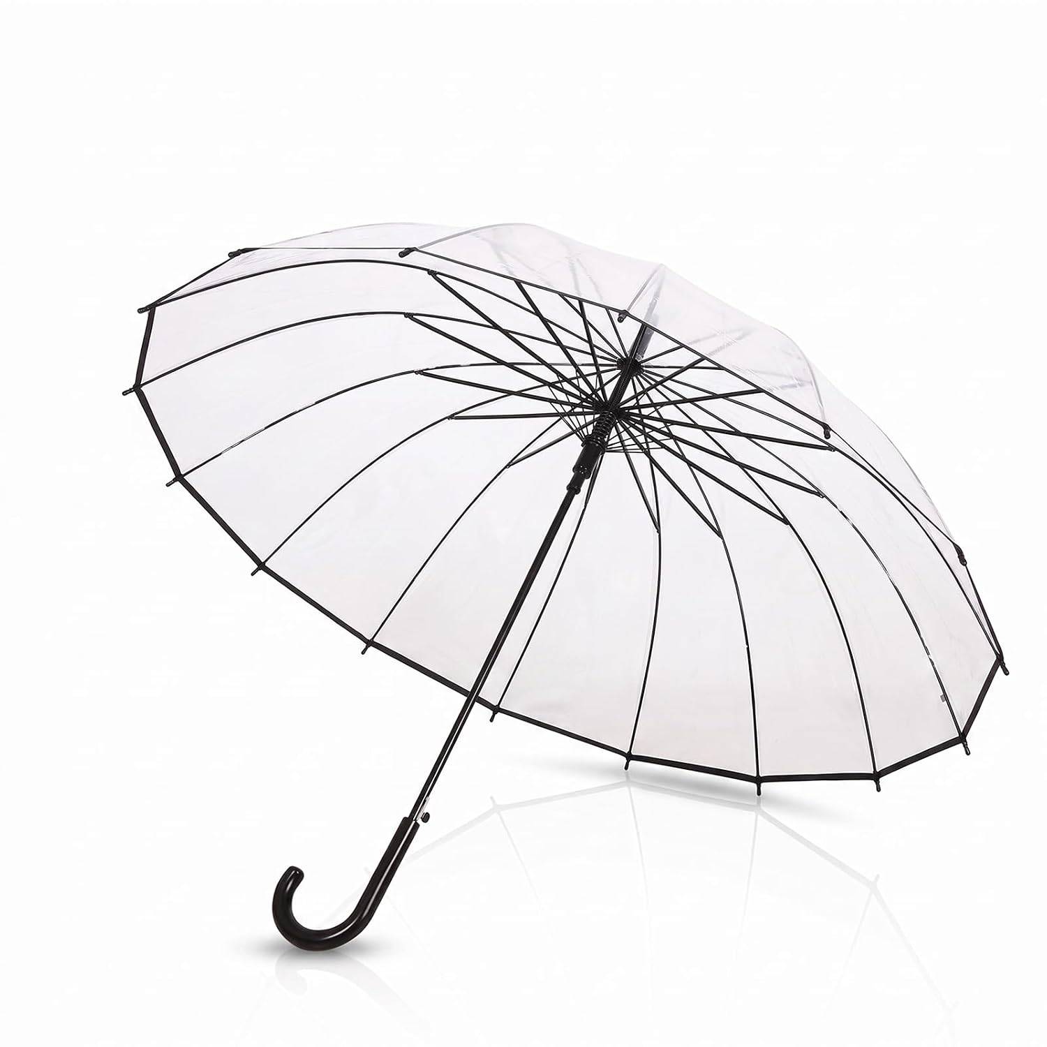 Långt paraply genomskinligt jump vinyl stor storlek 16 revben regn höghållfast glasfiber regnperiod förberedelse hållbar vindresistent vattenavvisande