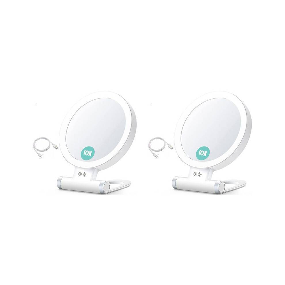 2pcs 10X Magnifying Makeup Mirror with Lights and Magnification,3 Colors Desktop LED Mirror and Vanity Mirror for Travel