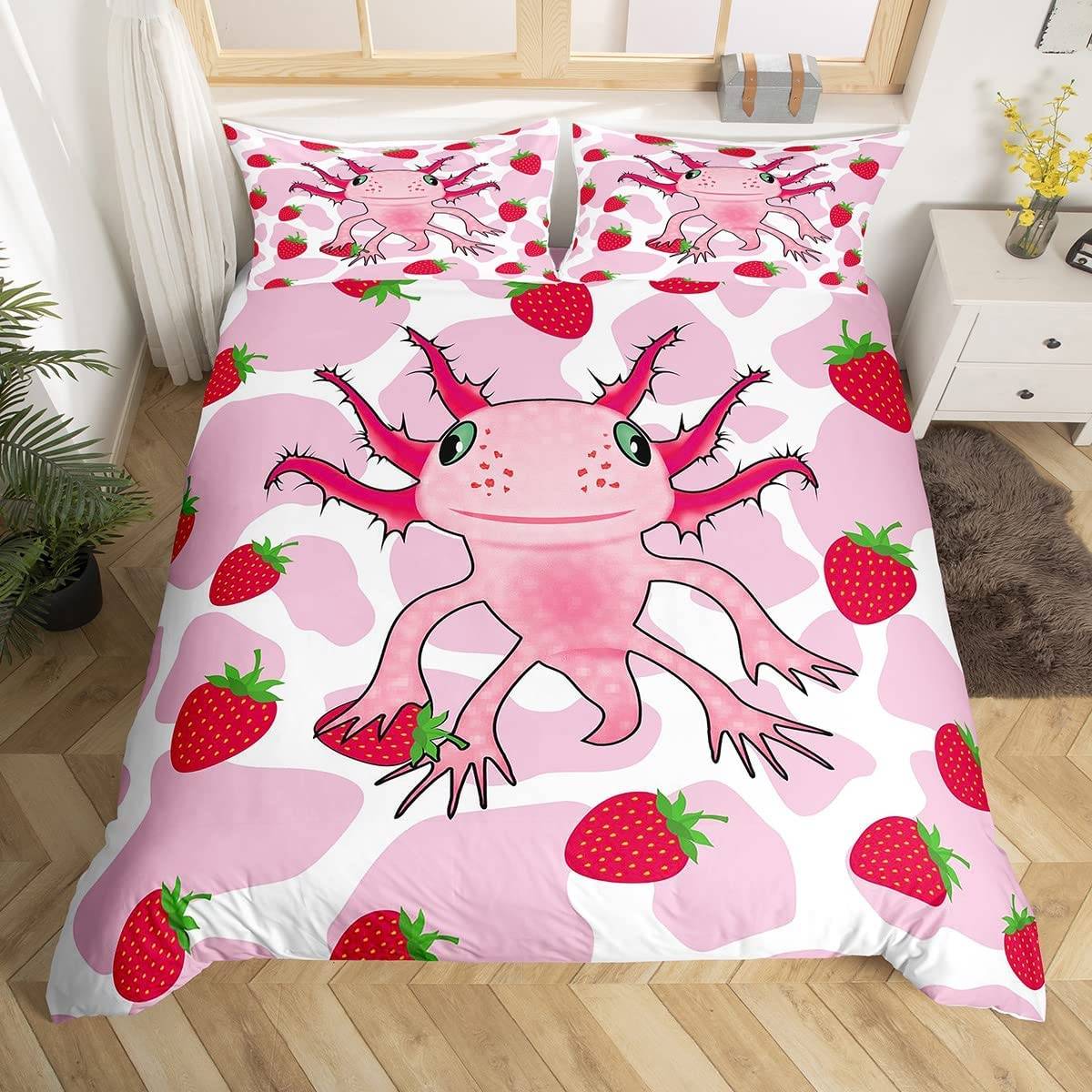 Sött Axolotl Sängklädesset För Pojkar Flickor Kawaii Reptiler Djur Täcke Örngott Tvilling King Size Havsliv Axolotl Påslakan US Queen(228x228cm)