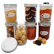 megusta!® Uppsättning med 6 konserveringsburkar 480 ml | lock silverfärgade | syltburkar förvaringsburkar masonburkar | Mealprep fermentering | bakning + frysning | + 12 etiketter