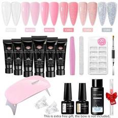 16st Poly Gel Nail Kit, Pink Glitter Polygel, Summer Pink Nails Quick Builder Gel Extension Nail Kit med sliplösning, gelbas och topplack, nagelformer - Multifärgad