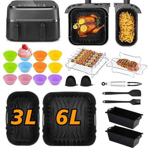 Ninipie 28 Stück Zubehör für Philips Dual Basket 3000 Heißluftfritteuse NA350/00 NA550/00, Heißluftfritteusen Silikonform Accessories Set für Philips 5000 Series 3L/6L, Tefal Dual Easy 5,2L/3,1L