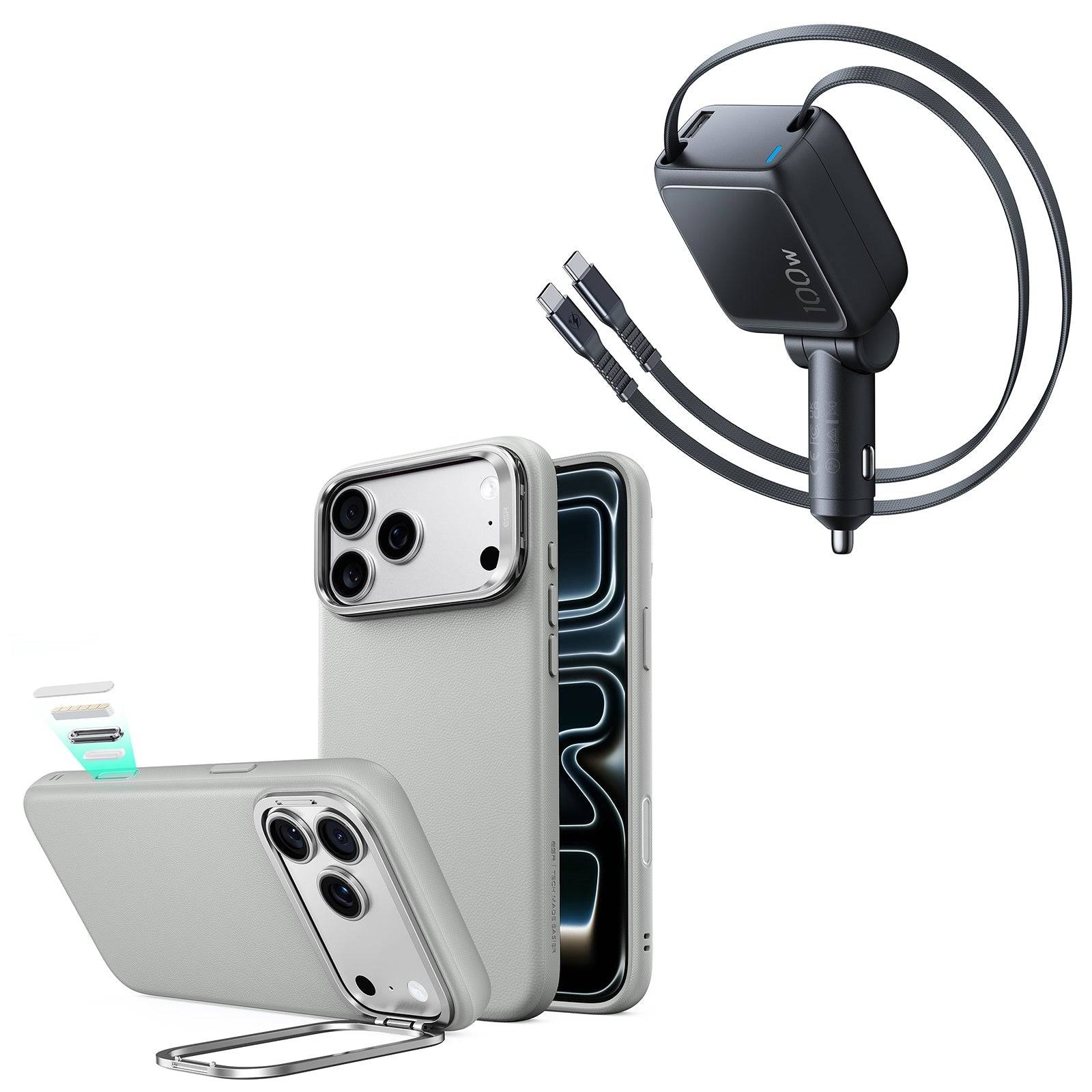 iPhone 18 Pro Max Atelier Silicone Leather Magnetic Case with Camera Control and Flex Stand, Plus Xtend 100W Retractable Car Charger Bundle - Gray - Gray