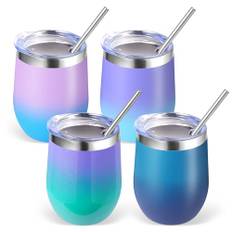 Volhoply 350 ml rostfritt stål vinglas med lock bulk 4-pack, 350 ml dubbelvägg vakuum stamlösa vinglas, metall resekaffemugg med sugrör, isolerade koppgåvor till jul (blandade, 4 set)
