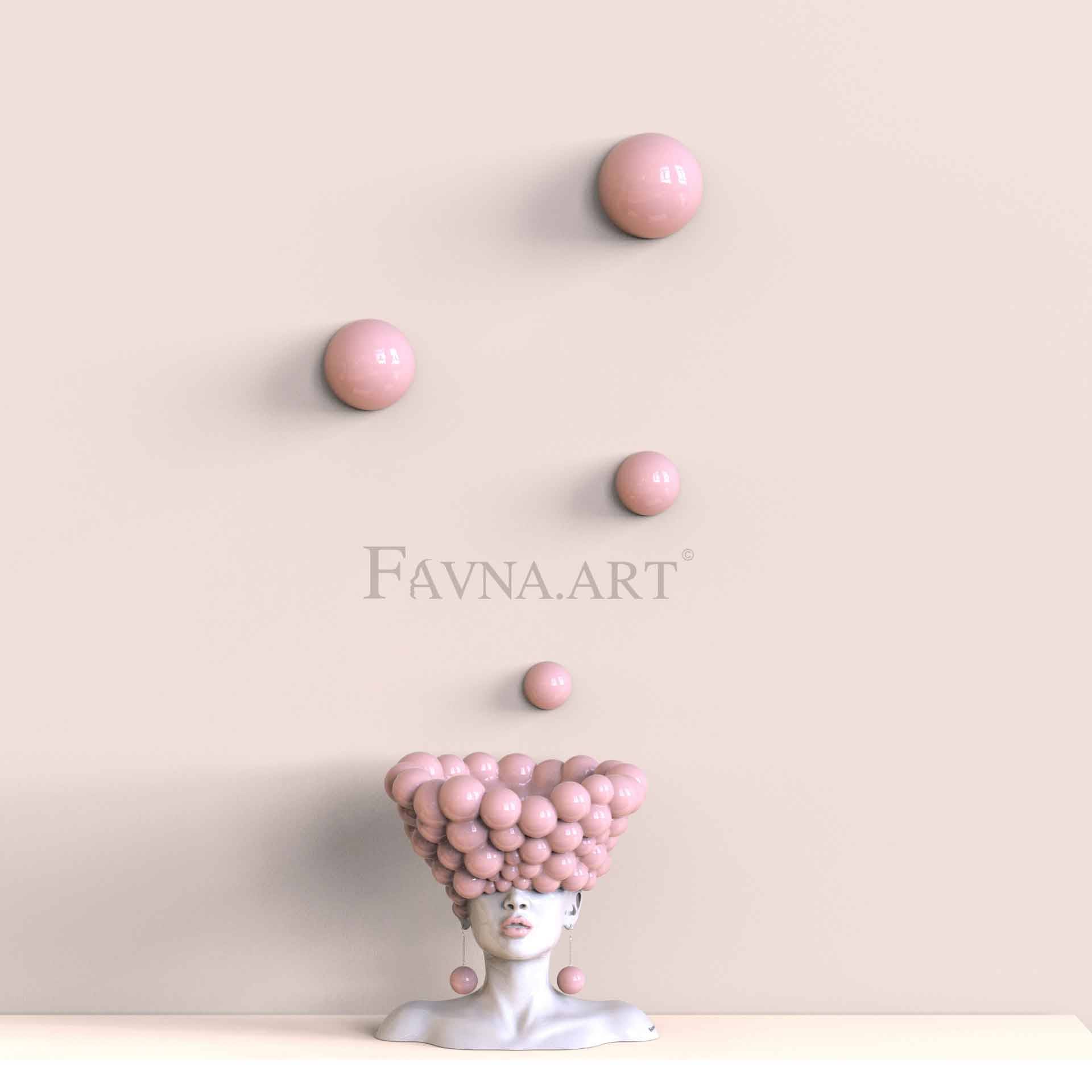 Conceptual Art Composition “Thoughts”, Wall Art- Sculpture and wall-mounted half-spheres in sky pink colour. - With 4 half-spheres