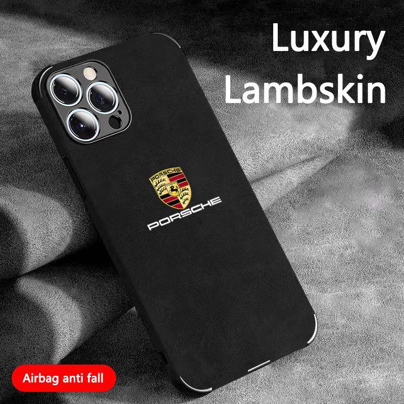 För Porsche-emblem Mocka Heltäckande Fodral för iPhone 16 15 13 14 11 12 Pro Max 12 Mini 7 8 XR X XS 16 Plus 15 Pro MAX Skal svart