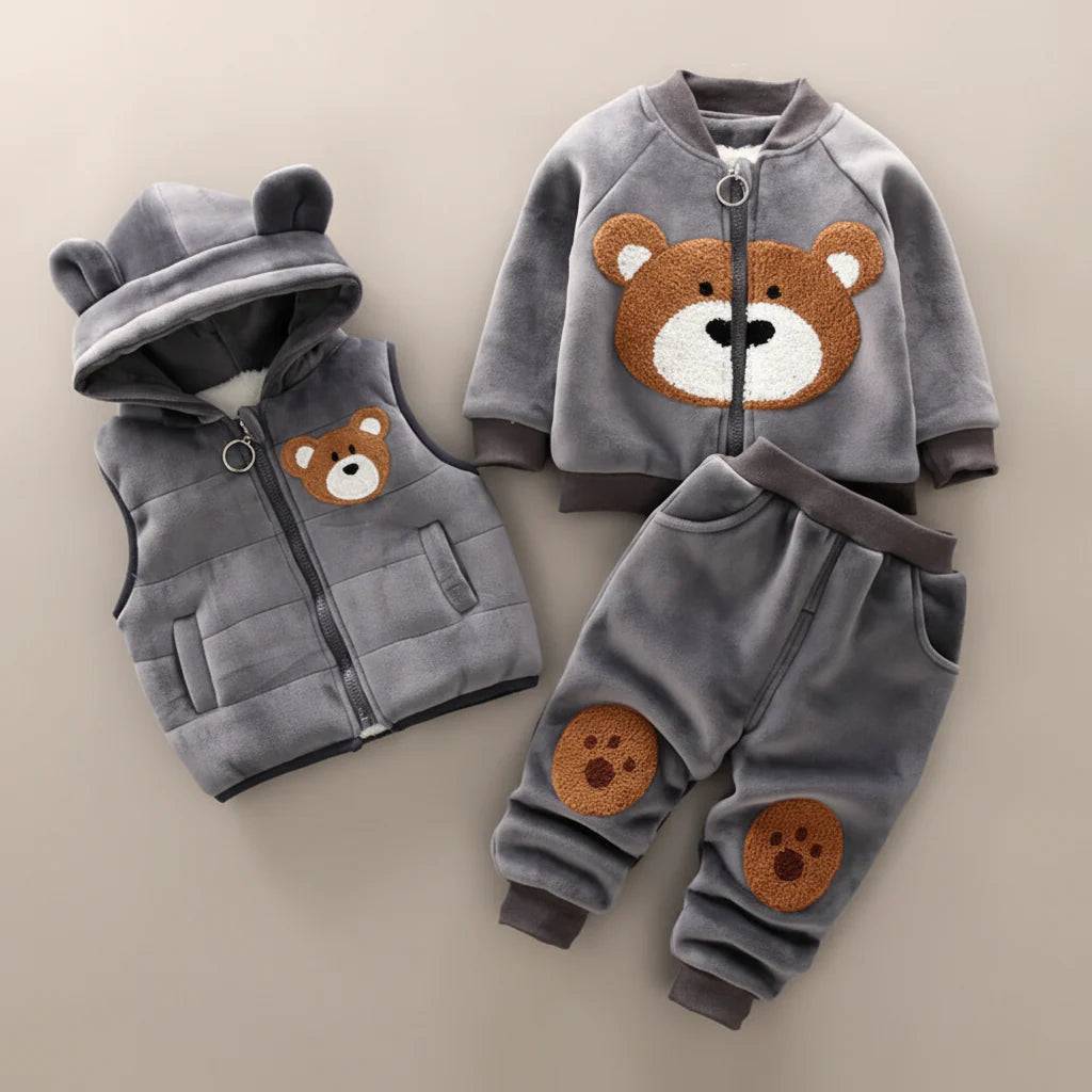 Mini Fashion™ - Bekväm & värmande - Höst/Vinter Pakje Grått set med björntryck + väst / 110 (4 år) | Pedagogiska Träleksaker