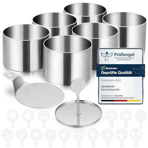 HAUSPROFI Dessertringe Set 6er(Ø7.5cm) mit Deckel & Basis 16 Schablonen, Edelstahl Servierringe Speiseringe Anrichteringe, Nahtlose Mousse Form, Tortenring klein für Backen Dessert Mousse & Anrichten