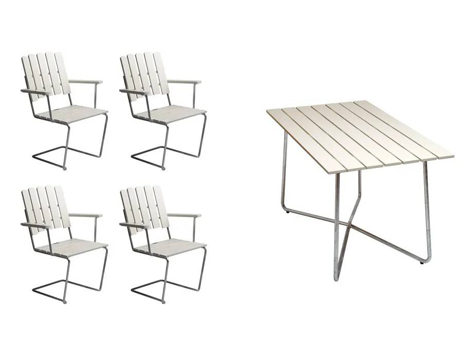 Grythyttan Stålmöbler B25 matgrupp Vitlackad ek/galvat 4 fåtöljer & bord 120 cm