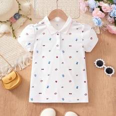 Söta och eleganta flickor med björn- och jordgubbstryck Casual pikétröja, kortärmad topp för tweenflicka, sommarmode - Vitt (6Y,8Y,9Y,10Y,4Y,12Y)