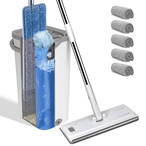MASTERTOP Mopp- och hinkuppsättningar, handsfree mikrofibermoppar med 5 återanvändbara dynor, 360° roterande platt mopphink med våttorkrengöringssystem för lövträplattor, marmorgolv – vit