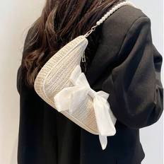 Fashion Faux Pearl Chain Strap Crescent Shoulder Bag, Straw Shoulder Bag With Bow Scarf Decor, Vacation Casual Beach Bag, Tote Handbag, Outdoor Leisur - Beige - one-size