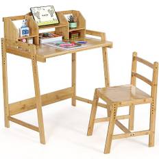 MAMIZO Barnskrivbord justerbar höjd, barnskrivbord med stol, bambu trä skrivbord, skolskrivbord med bokhållare förvaringsutrymme, skrivbordsset för barn, naturlig färg