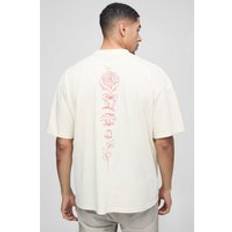 Oversized Heavyweight Extended Neck Line Drawn Floral Graphic T-Shirt, Cream