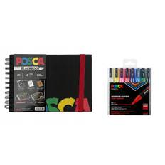 Posca - A5 BlackBook & PC3M - Fine Tip Pen - Basic Colors 8 pc