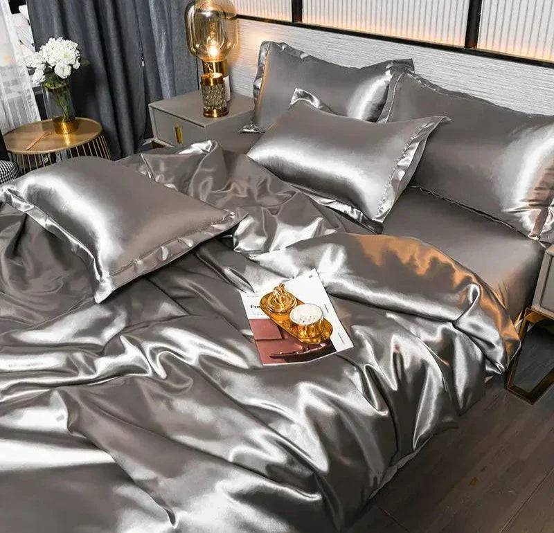 SatinLuxe Sängöverkast - Lyxigt Satäng Sängkläder för Ditt Sovrum - Grå / 180X220CM