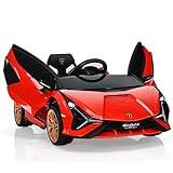 GOPLUS Elbil för barn, Lamborghini, barnbil med fjärrkontroll, barnfordon med Bluetooth och USB, med tuta och musik, 3–5 km/h, kan åka framåt och bakåt, för barn på 3–8 år (röd)