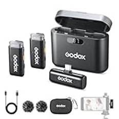 Godox WES 2 KIT2 Lavalier mikrofon trådlös med brusreducering kompatibel med Type-C/Android, 1 mottagare, 2 sändare mikrofoner, lämplig för smartphones, surfplattor för vlogging, livestreaming