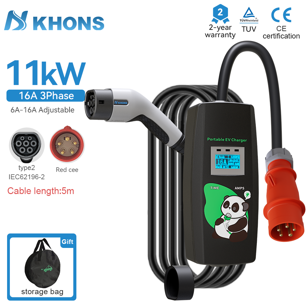 Khons 11kw Electric Car Charger 3Phase 16A Portable Charger Type2 EVSE Charging Box Cee Plug IEC62196 Electric Car Charger