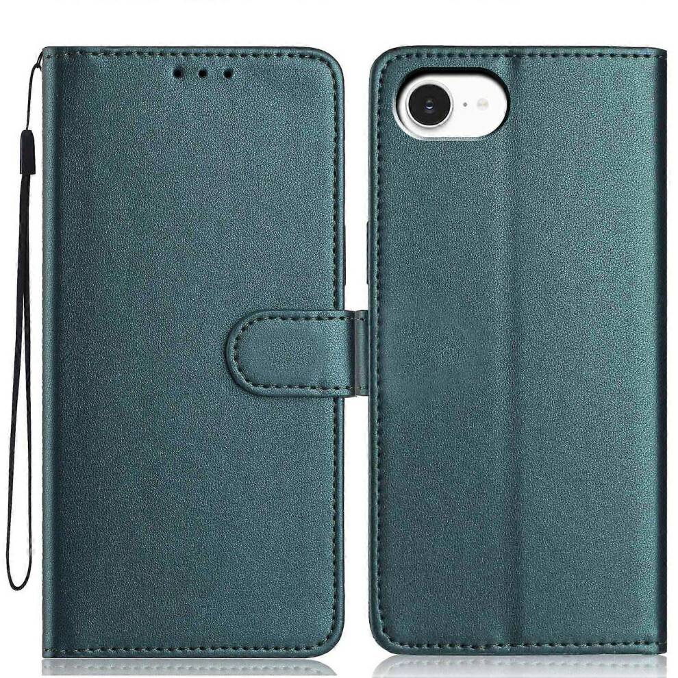 (Blackish Green) For iPhone 16e Wallet Case with Strap/ Multiple Card Slots Solid Color Leather Stand Phone Cover